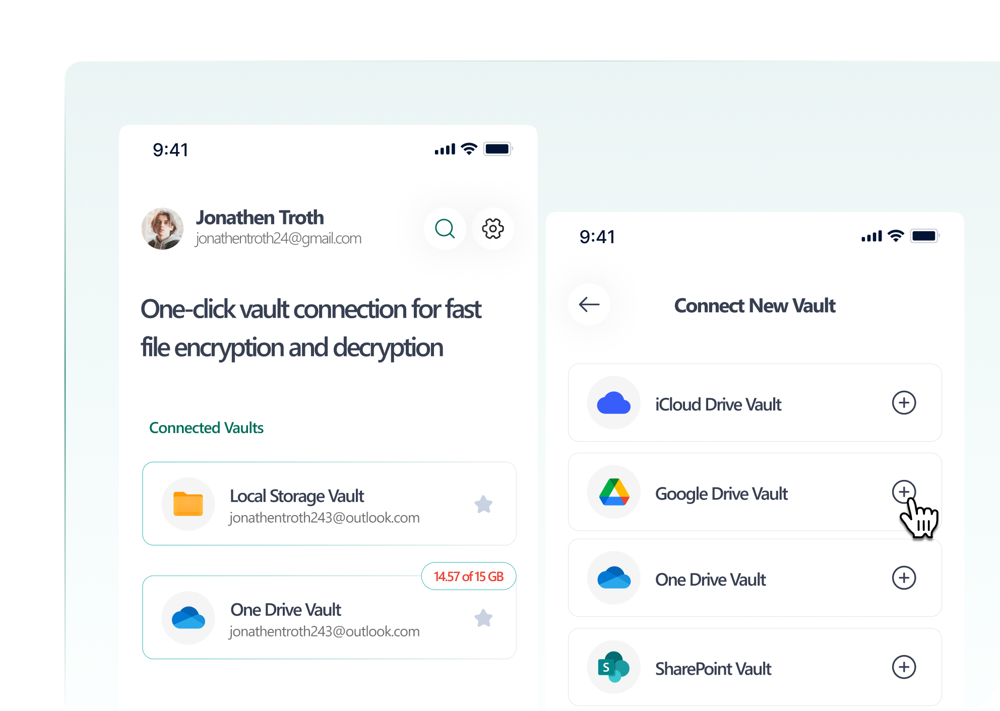 ScryptX Encryptor application showing secure cloud storage vault with file encryption capabilities