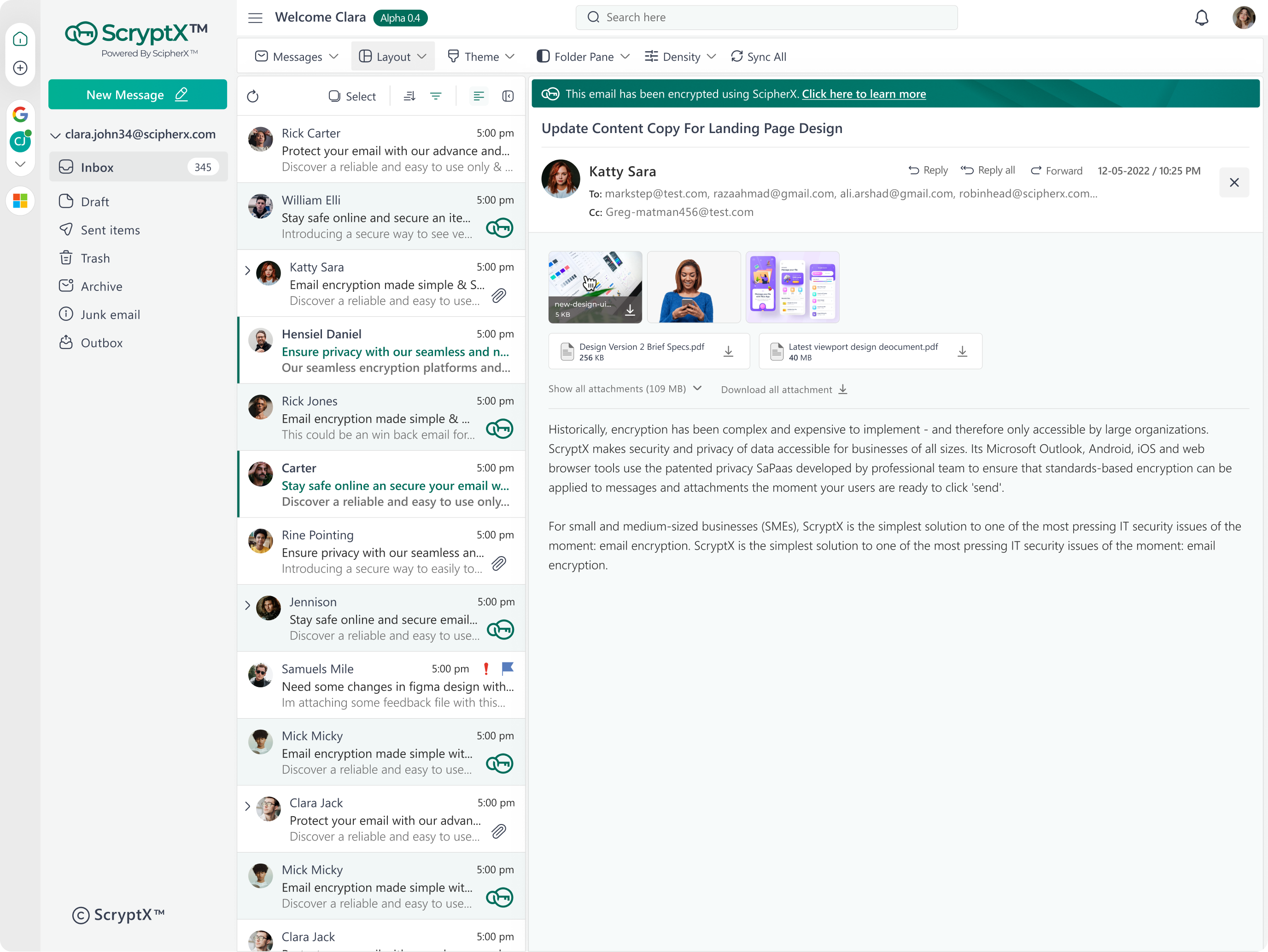 ScryptX Secure Mail interface showing email encryption workflow with one-click encryption button